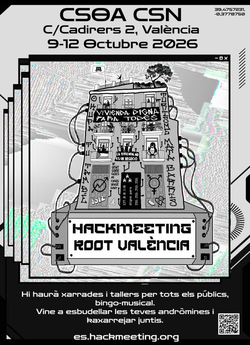 Cartell de l'esdeveniment de la trabada anual hackmeeting. És un disseny en blanc i negre on hi ha la façana del centre social BSOA La Caixeta que van desnonar l'any passat. L'edifici està ple de vida, una pancarta que diu "vivienda digna para todes", i moltes pintades en defensa del territori veïnal. També hi el pingüí Tux (de linux), i gatets en una barana. L'edifici està connectat a un ordinador per cables on pasen ús i zeros. Al terrat hi han plantes, una antena i una bandera pirata amb un cassete enllox d'una calavera.