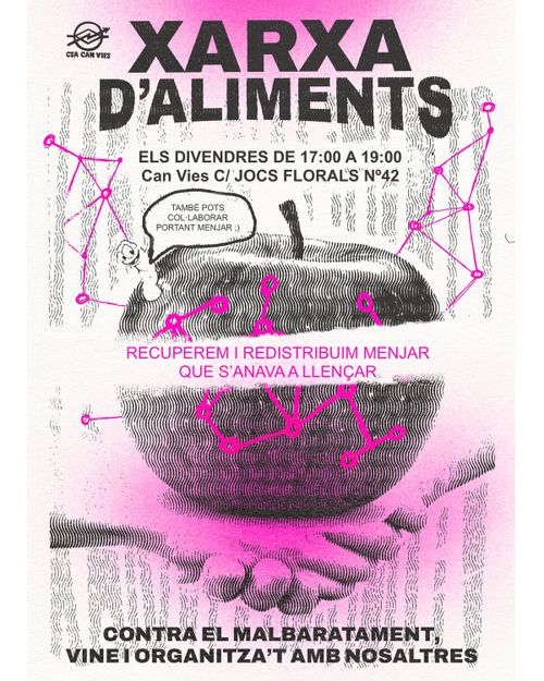 cartell nou de la xarxa d'aliments on es veuen dues mans unides amb una poma al mig com a símbol del compartir els aliments. Al centre es pot llegir: "RECUPEREM I REDISTRIBUÏM MENJAR QUE S'ANAVA A LLENÇAR." I a la part de baix del cartell: "CONTRA EL MALBARATAMENT, VINE I ORGANITZA'T AMB NOSALTRES". A més a més, de la poma en surt un cuquet que amb cara simpàtica, diu "També pots col·laborar portant menjar :)" // Art gràfic: LaLucy