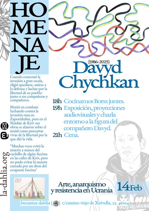 cartel con fondo blanco y letras en tonos de azules con alguna franja de detalle en azul celeste. Aparece un dibujo a mano alzada de Davyd en la esquina inferior derecha en transparencia. En la parte superior unas cintas con los colores de ucrania, rojo, morado y negro, que forman parte de su obra, en el esquina inferior en tamaño pequeño una de sus obras, unes niñes vestidos con los colores de su obra, enrollando esas cintas en una estaca. Acompañado de unas líneas de su biografía y el texto de la actividad