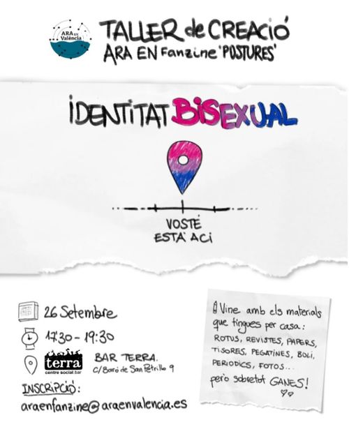 Cartell amb el títol "Taller de Creació ARA EN Fanzine 'Postures'" a la part superior.
Al centre del cartell hi ha el text "Identitat Bisexual" junt al dibuix d'un marcador d'ubicació amb els colors de la bandera bisexual (rosa, morat i blau) que senyala un punt sobre un eix horitzontal.

A la part inferior esquerra del cartell hi ha  la informació de la convocatòria: 26 de setembre, de 17:30 a 19:30h, al Bar Terra.
A la dreta hi ha una nota. "Vine amb els materials que tingues per casa: rotus, revistes, papers... però sobretot GANES!"