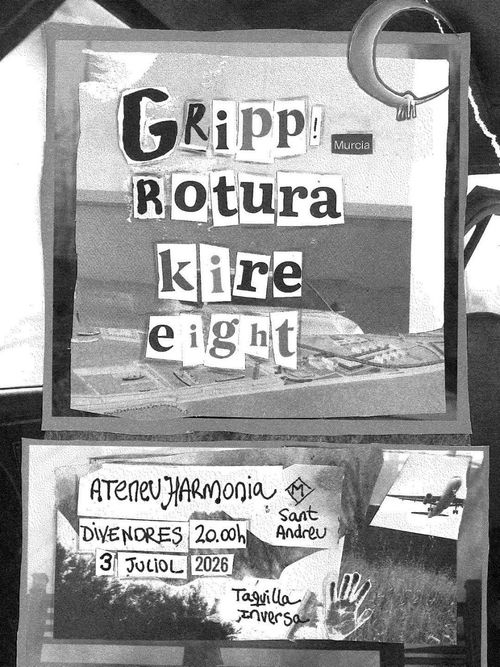cartell en escala de grisos, collage de fotos, lletres de diaris, i adreça escrita a mà amb ploma