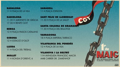 Convocatòries CGT 1 de maig a tot catalunya. Estil d'iŀlustració de còmic antiga. una cadena amb una banderola de la cgt. Rellueix una de les baules, que trencada amenaça amb acabar amb les opressions