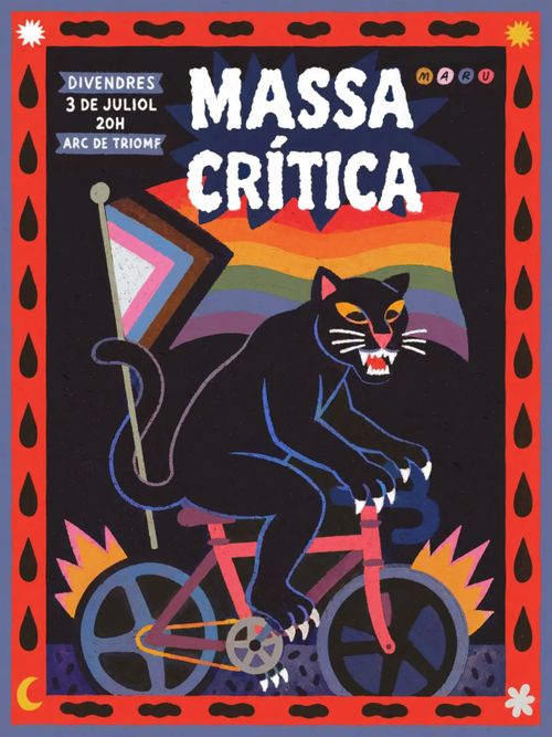 una pantera munta una  bici de carretera portant una bandera lgtb inclusiva (però li falta el cercle intersex). 