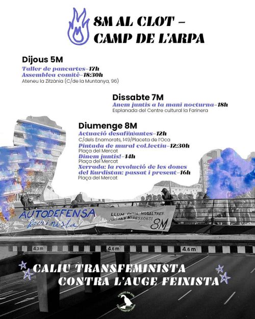 cartell en blanc, grisos i blaus violeta. Una foto d'una gran via tallada i amb una pancarta penjada del pont que diu "autodefensa feminista 8M"