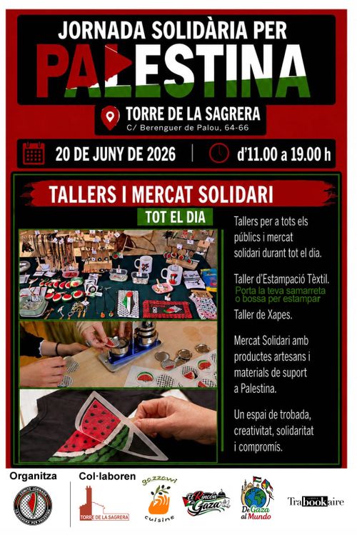 Fotografies de productes amb simbologia palestina com síndries, la bandera, o la forma del territori. Hi coŀlaboren Torre de la Sagrera, Gazzawi cuisine, el Rincón de Gaza, de Gaza al mundo, Trabookaire