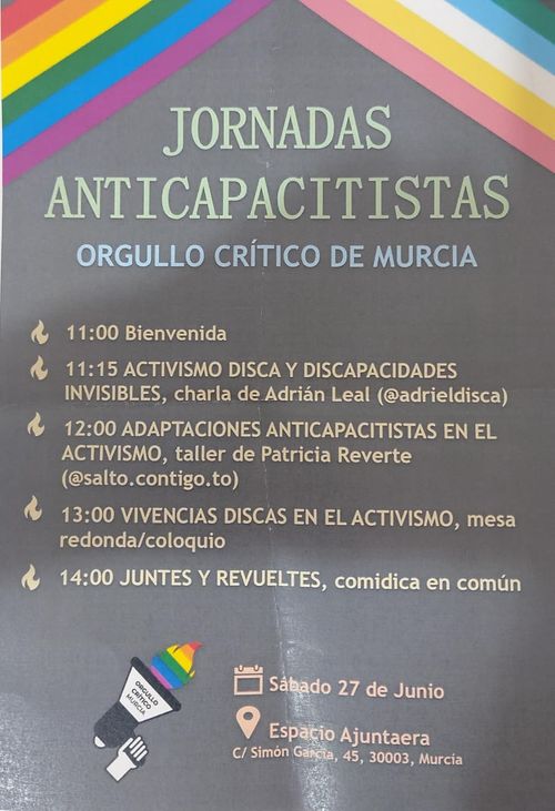 Misma información que en la descripción sobre fondo negro. En la parte de arriba sale bandera del orgullo y al final el logo de orgullo crítico murcia.