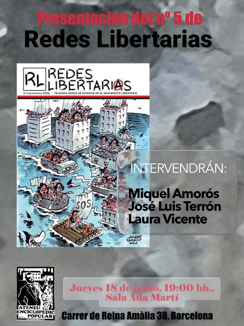 la portada de la revista és un dibuix d'Azagra. Un mar amb edificis amb veles, rais, barques de goma, etc, tots plens de gent navegant enmig de taurons.