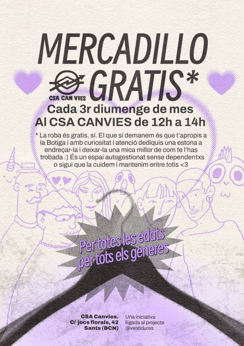 Cartell de la jornada mensual de la Botiga Gratis, enguany reanomenada com "Mercadillo gratis". Es veuen uns personatges al centre de diferents edats, estils i gèneres. També un dragonet i algun altre ésser simpàtic, com un unicorn al fons, somrient. Al mig de tot un penjador de roba, símbol de la Botiga Gratis que funciona de forma autogestionada. I uns cors de color lila als dos costats, emmarcant de forma cuqui :)