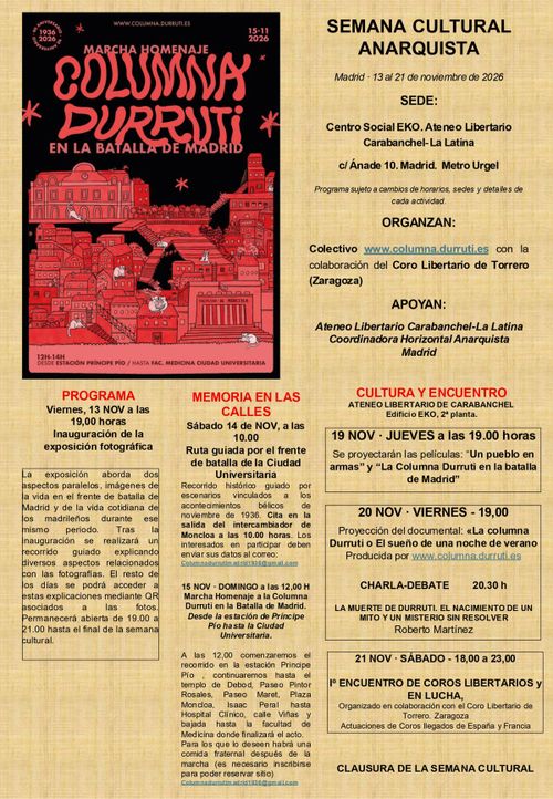 Semana cultural anarquista. Proyección del documental: "La columna Durruti o El sueño de una noche de verano" + debate. 