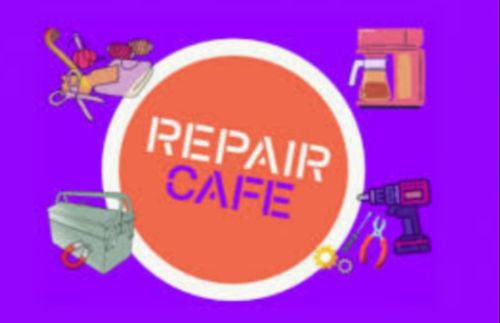 Texto Repair Cafe con dibujos de tijeras y ovillos, cahas de herramientas, taladro y cafetera.