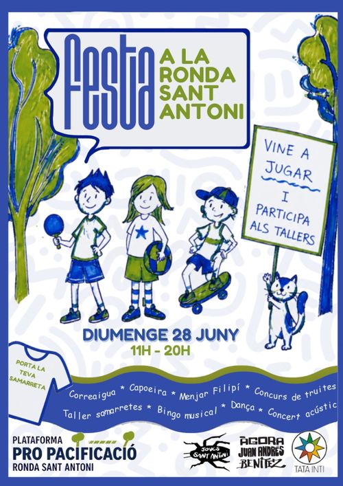 cartell dibuixat, estil retoladors de colors verd i blau. 3 infants amb jocs, un gat amb una pancarta diu "vine a jugar i participa als tallers". hi ha arbres al voltant. A sota: porta la teva samarreta. Correaigua, capoeira, menjar filipí, concurs de truites, taller samarretes, bingo musical, dança, concert acústic.