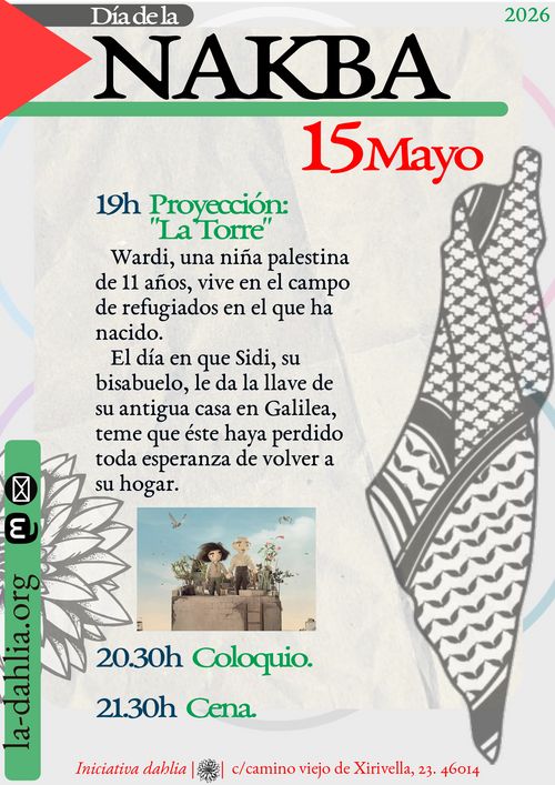 Cartel con fondo sobre una especie de hoja arrugada con círculos de tenues colores asomando abajo como fondo gris, sobre éste aparece una descripción de la actividad con una imagen de la proyección donde se ven los muñecos de una joven y un viejo cogidos de la mano. Encabeza el cartel una adaptación libre de la bandera Palestina donde se lee "día de la Nakba" y la fecha de la actividad. En el lateral aparece un dibujo del territorio original del pueblo palestino antes de la Nakba con la textura de la Kufiya.
