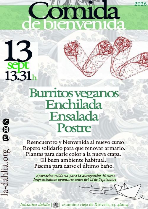 un fondo de olas embravecidas estilo japones en marca de agua, con letras y detalles en tonos de verde. En el centro unos dibujos de varios burritos debajo del título Comida de bienvenida, para el día 13 de septiembre. Hacia abajo el texto con el menú y la descripción de la actividad. Al pie a la derecha hay un barquito de papel que surca ese mar de olas