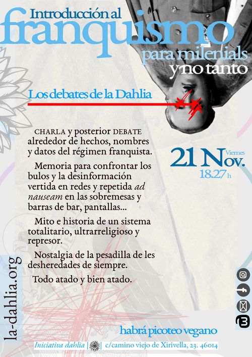 Cartel con un fondo arrugado gris con algunos círculos de colores en los laterales.sobre el que aparece franco boca abajo con los ojos rayados en rojo en la parte superior y un aguilucho en la parte inferior en transparencia también rayado en rojo. Aparece la descripción de la actividad con el lema introduccion al franquismo para milenials y no tanto.