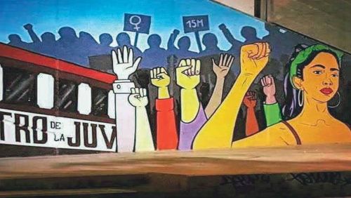 Reunión de vecines junto al mural de la Pz. Oporto