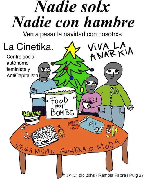 24/12/25 Ningú sola, ningú amb gana! Soparet de Food Not Bombs a La Cinètika
