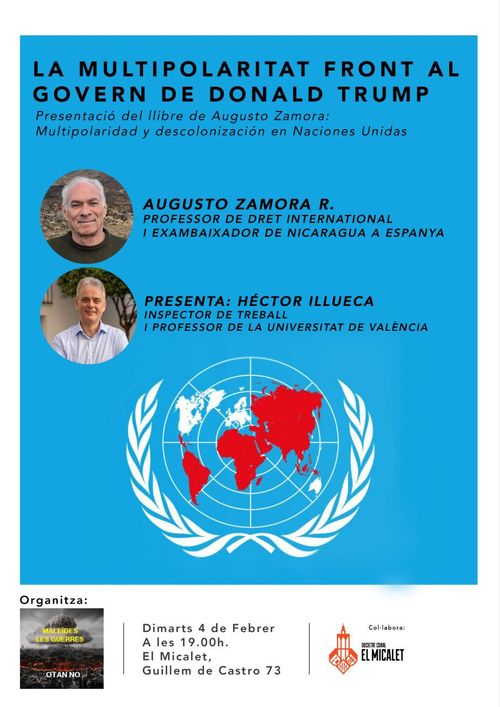 Conferéncia "La multipolaritat front al govern de Donald Trump" impartida per Augusto Zamora, professor de dret internacional i ex embaixador de Nicaragua a Espanya, presenta Héctor Illueca, Inspector de treball i professor de la Universitat de València