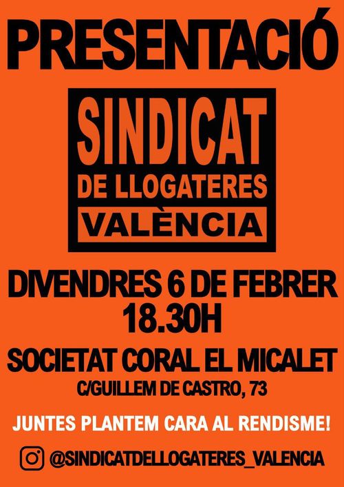 Cartell taronja amb les lletres en negre i majúscules amb les paraules sindicat de llogateres de València diapossat com un cartell d'oferta de lloguer típic.
