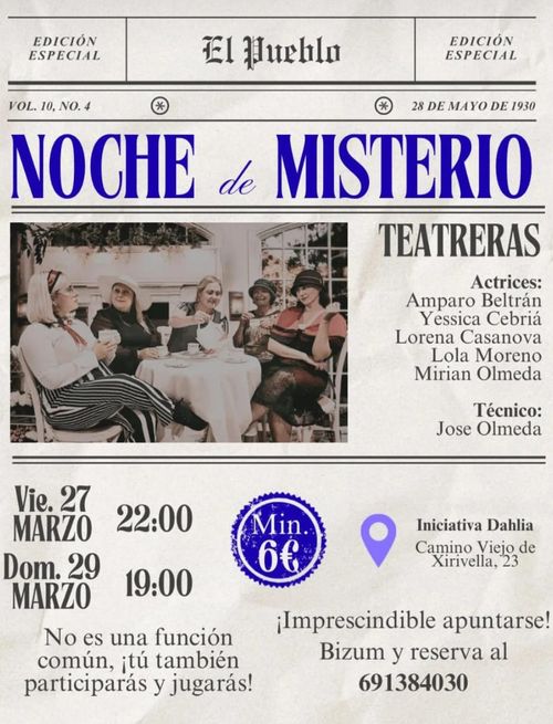 portada del periódico "el pueblo" de 1930 con una foto de las actrices tomando algo en un cafe de época, con el nobre de las actrices a pie de foto. Fecha, horario y ubicación de la actuación