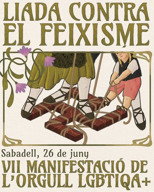 en lletres noucentistes: liada contra el feixisme. dues persones amb espardenyes trenquen una esvàstica al terra amb cordes, liant-la. VII Manifestació de l'orgull lgbtiqa+