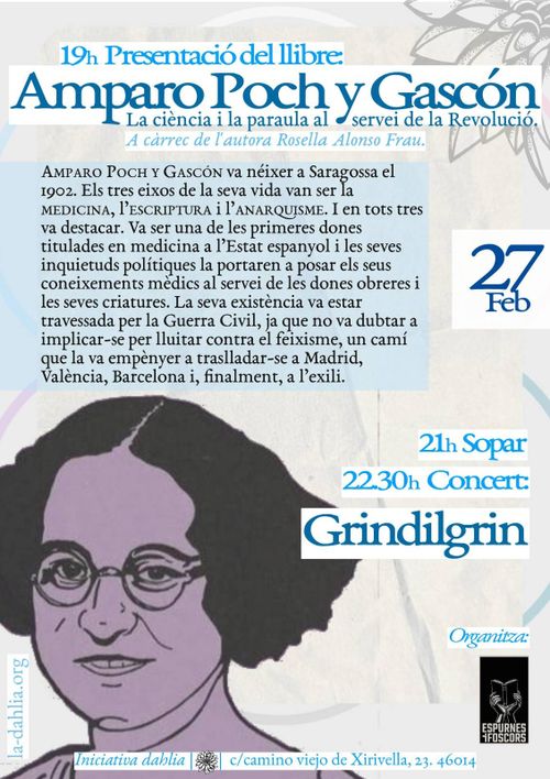 Presentació del llibre "Amparo Poch y Gascón. La ciència i la paraula al servei de la revolució" + concert + sopador